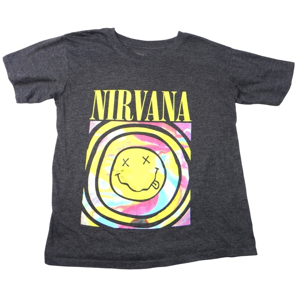 Nirvana Smiley Face Tie Dye Graphic T Shirt Charcoal Gray Women's Small